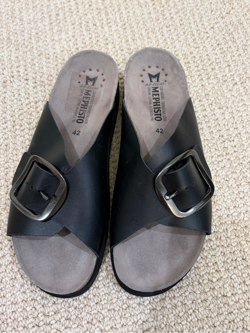 Mephisto Black Leather Buckle Slide Sandals